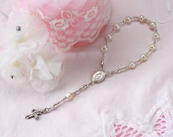 Sterling Silver Baby Rosary in White for Baptism Gift for Infant Baby with Gift Box (038)