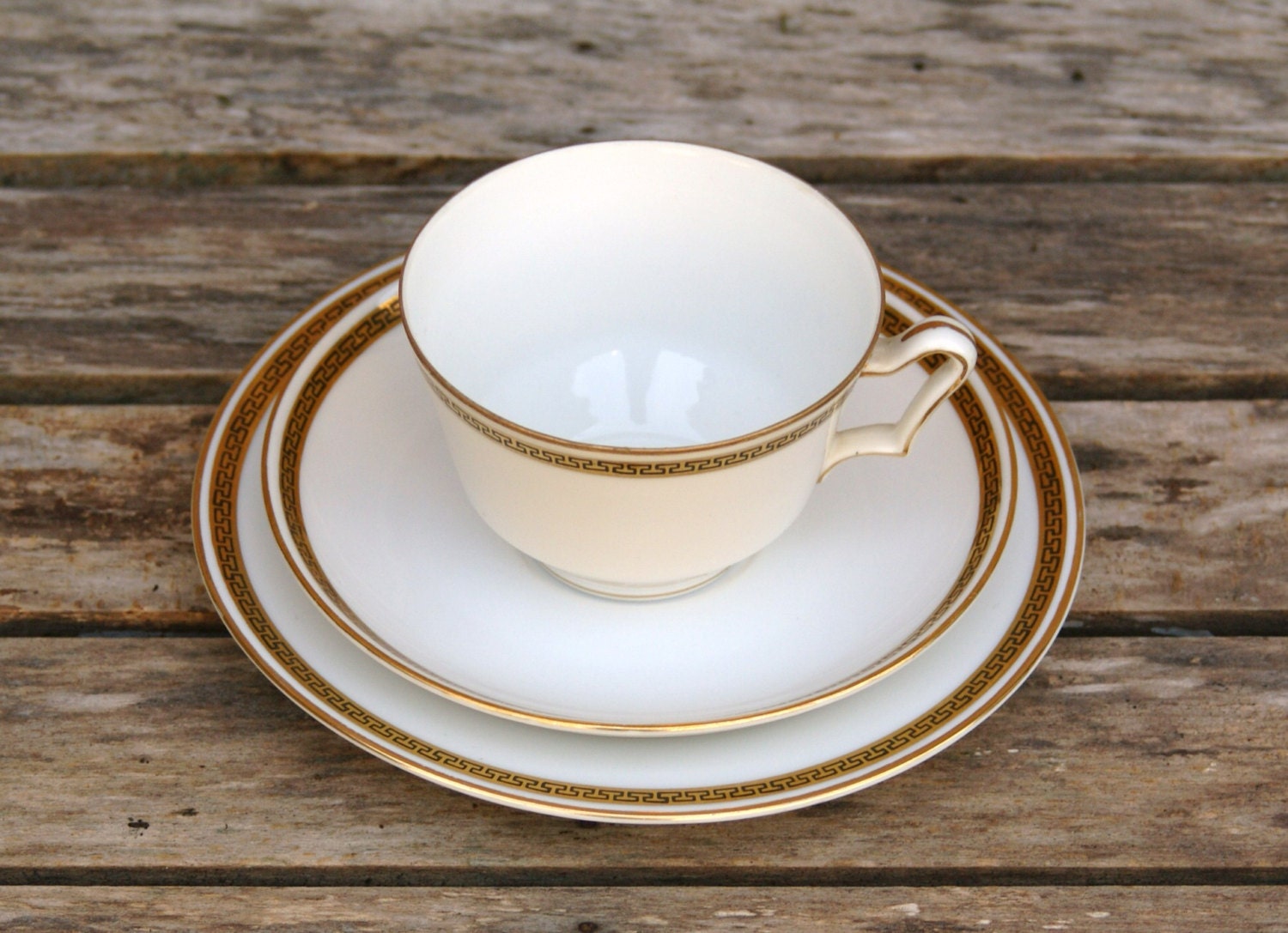 Vintage Kokura China Trio Tea Set. Cup, Saucer, Plate. White with Gold