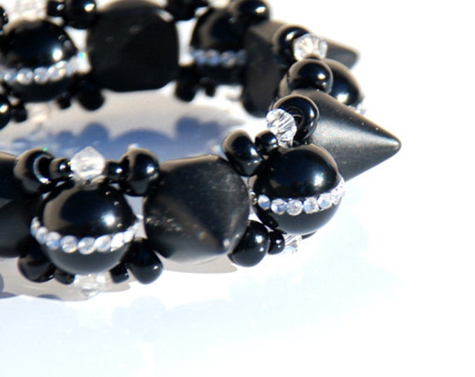 Artisan Jewelry, Spike Bracelet, Bead Weaving, Black Onyx, Swarovski Crystals, Sterling Silver Toggle Claps, One of A Kind,