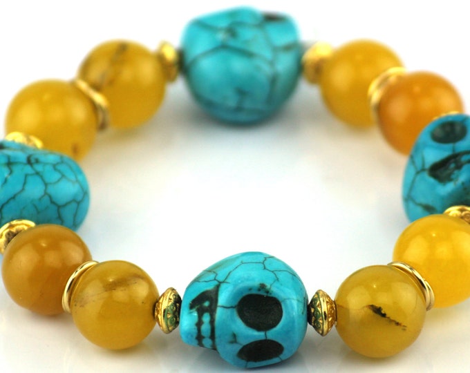 Yellow Quartz, Turquoise Magnesite Skull Bracelet, Stone Charm Bracelet, Stone Stretch Bracelet, Artisan Bracelet, Stretch Bracelet