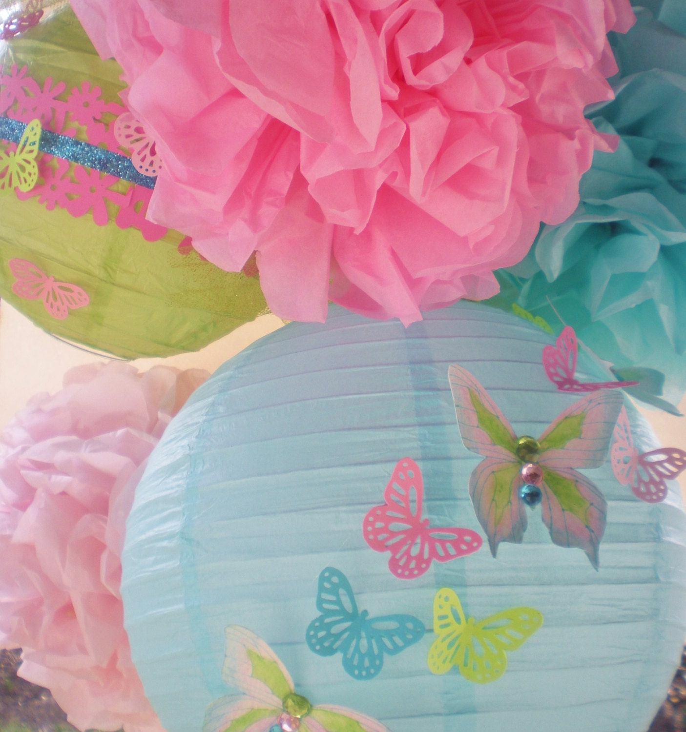 Paper lantern handpainted butterflies and pom poms light