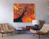 Abstract Print, Music painting, Abstract music art print, Musical Notes, Tree, Modern Print on Canvas, Large Wall, Orange, Yellow, Black