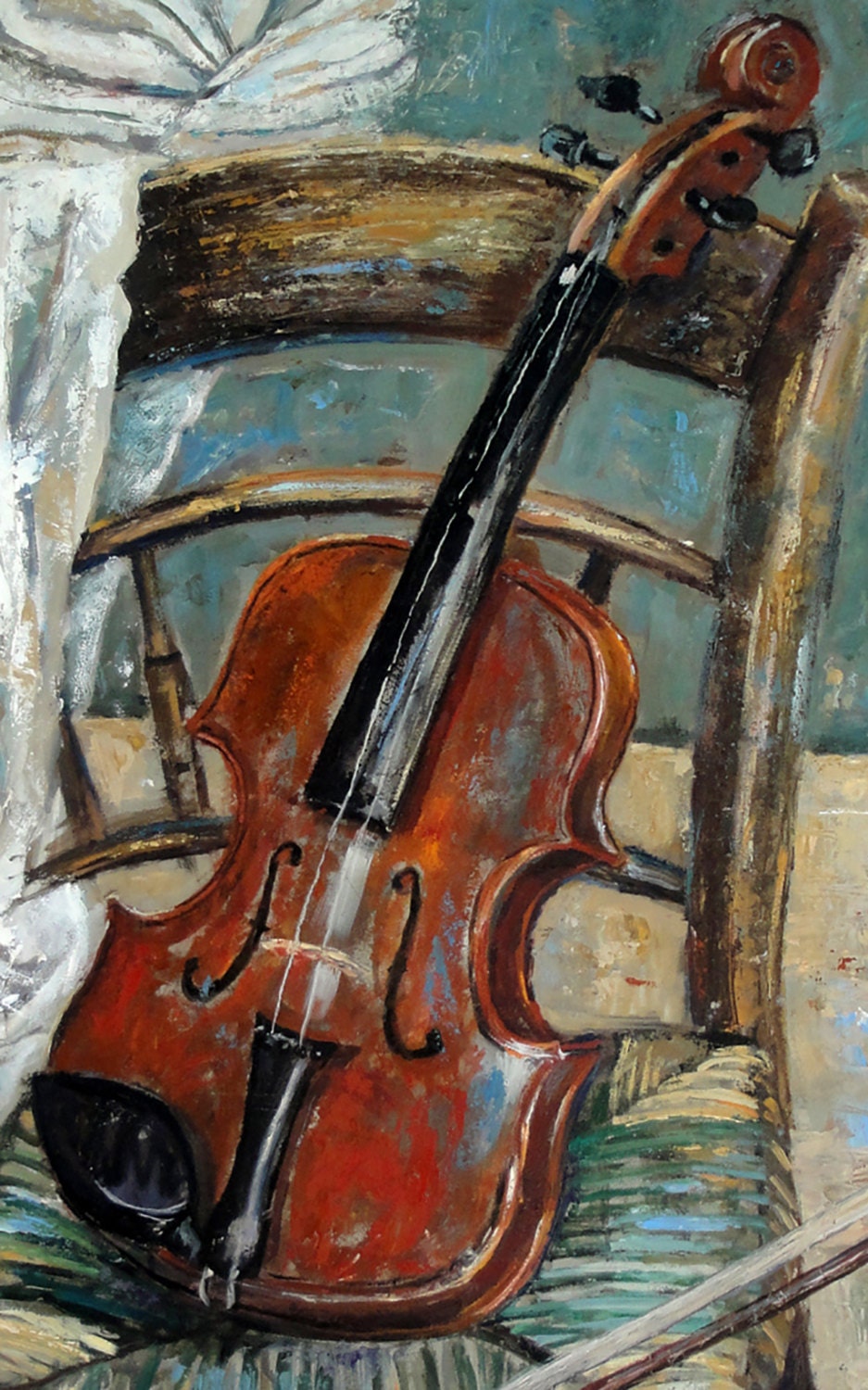 Still Life Oil Painting Original 'Violin on Chair'. by