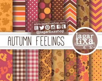 Autumn Digital Paper Fall Colors Red Brown Beige Pink Orange Leaves squirrel picnic damask acorn chevron damask scrapbooking thanksgiving