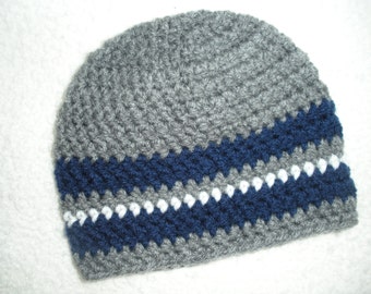 Crochet baby hat, striped baby hat, gray white navy blue, baby boy gift, 0-3 month baby gift, newborn photo prop, baby shower gift