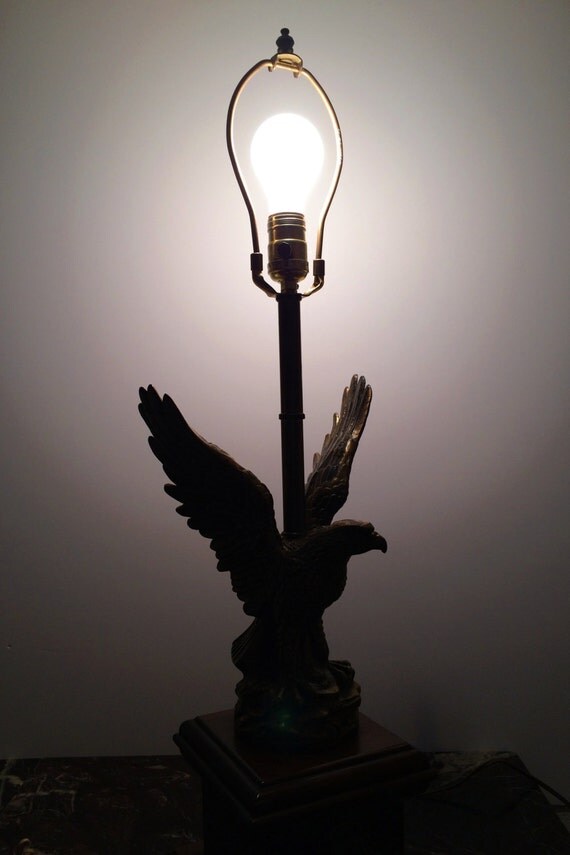 Vintage Bronze Eagle Table Lamp with Wood Pedestal Base