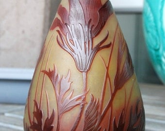 Acid Etched Cameo Pâte de Verre Vase By French Art Nouveau Artist Paul Nicolas. Delicate Floral Decor. Signed & Mint Condition.