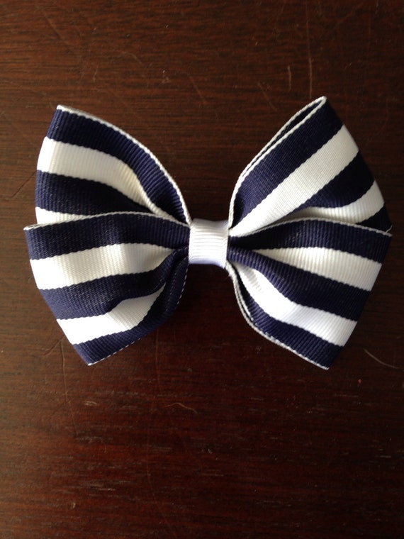 Navy Blue and White Striped Bow by LinnyLoosBoutique on Etsy