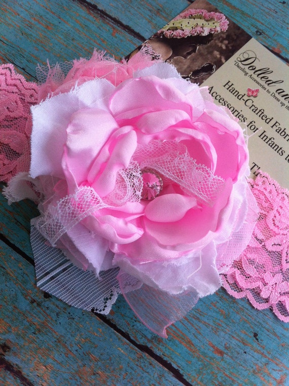 Girls Headband/ Pink & White/ Baby Headband/ Womens Brooch/ Womens Headband/ Flower Corsage/ Girls Hairclip/ Shabby Chic Accessory/ Brooch