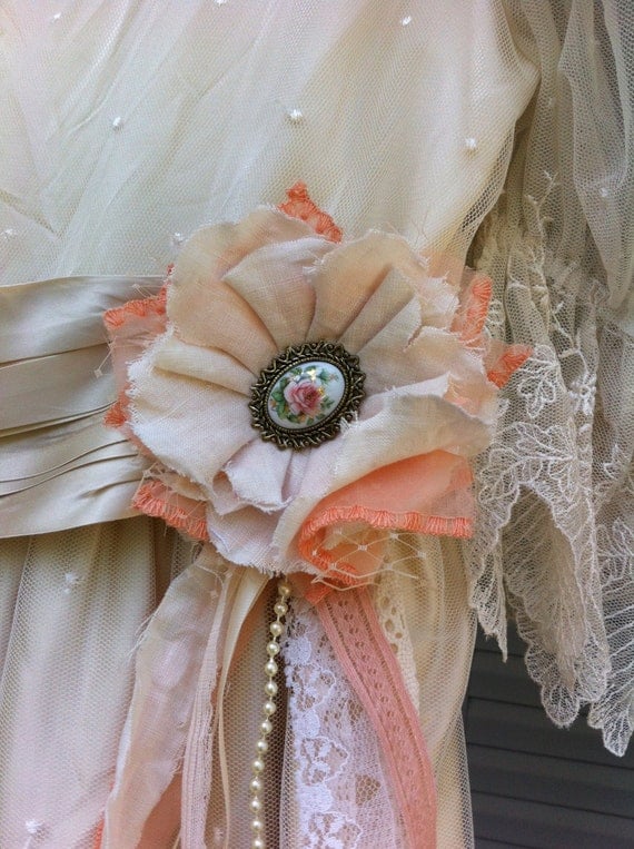 Linen & Lace/ Ivory and Peach/ Victorian Cameo Brooch/ Bridal Flower/ Dress Sash Embellishment/ Womens Accessory/ Girls Hairclip/ Brooch