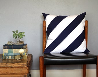 Navy and White Diagonal Stripe Pieced Pillow