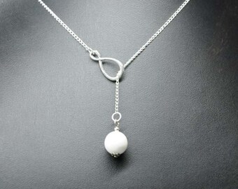 Infinity and White Pearl lariat necklace in white gold, pearl necklace ...