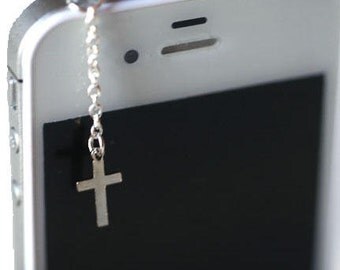 Elegant Silver Cross Iphone Earphone Plug/Dust Plug - Cellphone Headphone Handmade Decorations