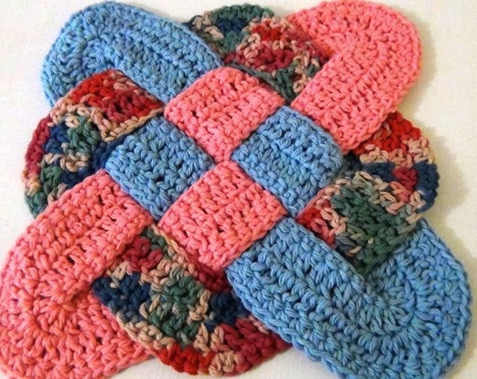 Celtic Knot Design Hot Pad / Trivet - Pink, Blue, Multicolor - Handmade Crochet Trivet