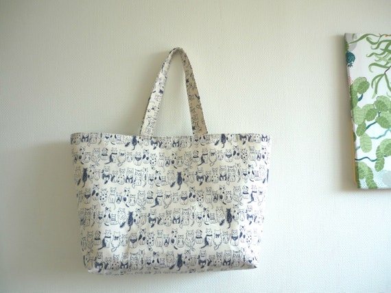 extra large tote bag with cat pattern on white canvas fabric