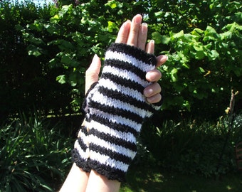 Hand Knitted Mittens - Striped Black and White
