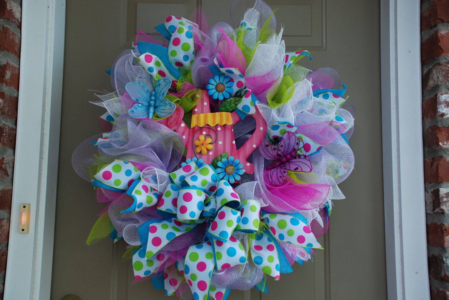 Pink Watering Can Spring/Summer Wreath in Polka Dots