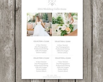 Photographer Price List Template - Photography Pricing Sheet for Wedding Sessions - Wedding Collections Guide - PG02