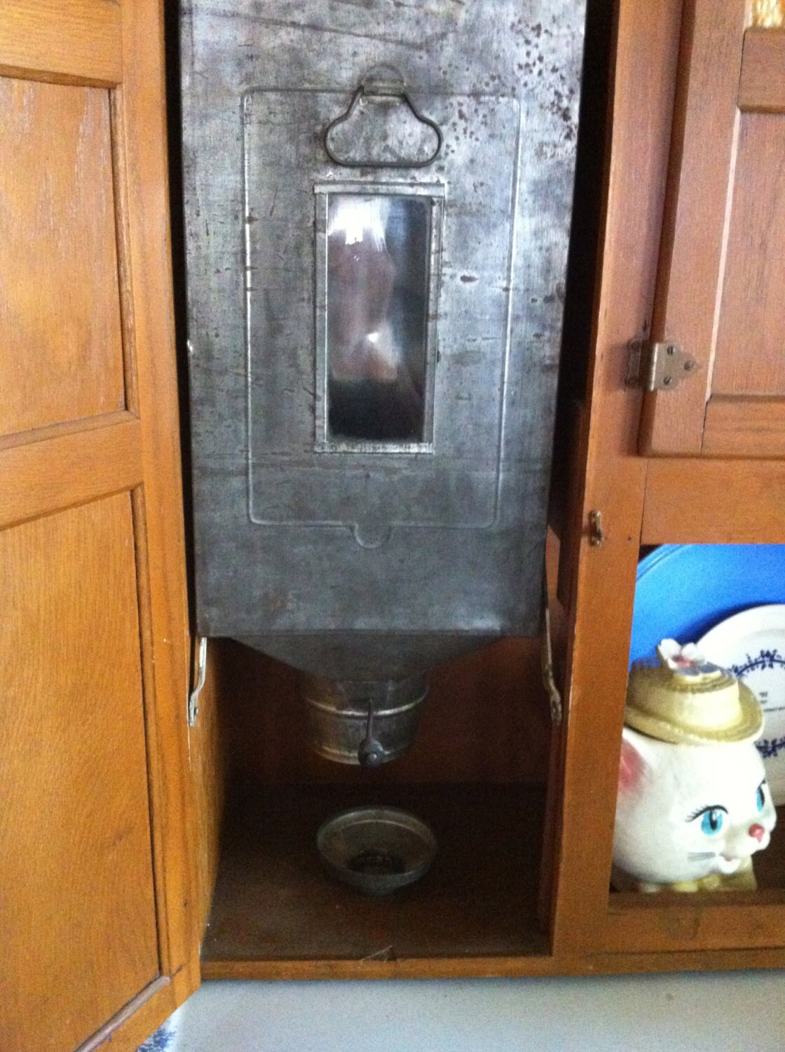 Wilson Hoosier Cabinet with original finish and Slag Glass