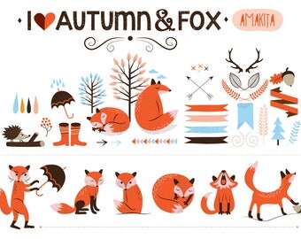 Fox clipart, tree clipart, autumn clip art, autumn clip art, instant download, tree vector, digital design elements, ribbons, ornaments