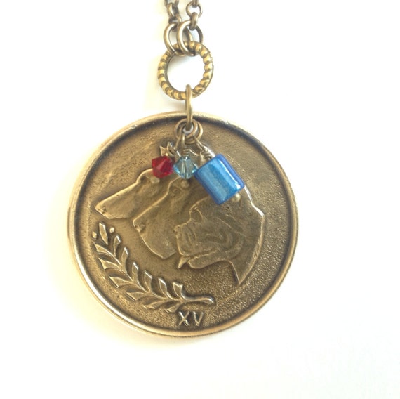Vintage dog medal dog show medal necklace dog necklace long