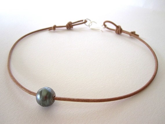 Tahitian Pearl and Leather Choker Necklace by keyLimeGiraffedesign