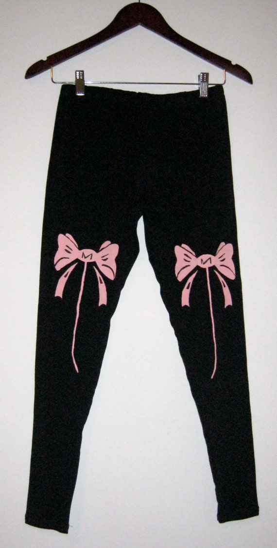 Black leggings for women, MADE TO ORDER,  black cotton leggings, pink bow prints, black tights, yoga pants, printed leggings, gifts for her