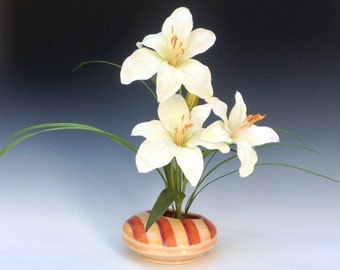 Orange Ikebana Vase, Porcelain Vase, Ceramic Vase, Striped Pottery Vase, Ceramic Ikebana Vase, Wheel Thrown Pottery Vase, Asian Flower Vase