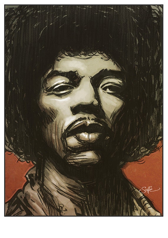 Jimi Hendrix portrait colour art print by Mygrimmbrother on Etsy