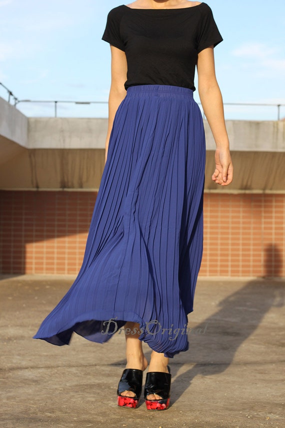 Top quality Maxi Skirt Royal blue Pleated skirt Long Skirt