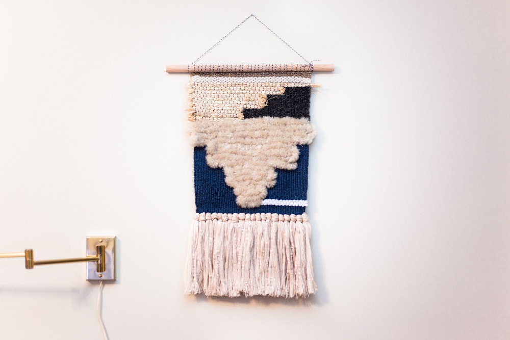 Navy Triangle Wall Hanging / wall hanging with tassels / textile art