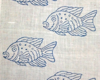 fish handmade wooden block print fabric cotton handcrafted fabric ...