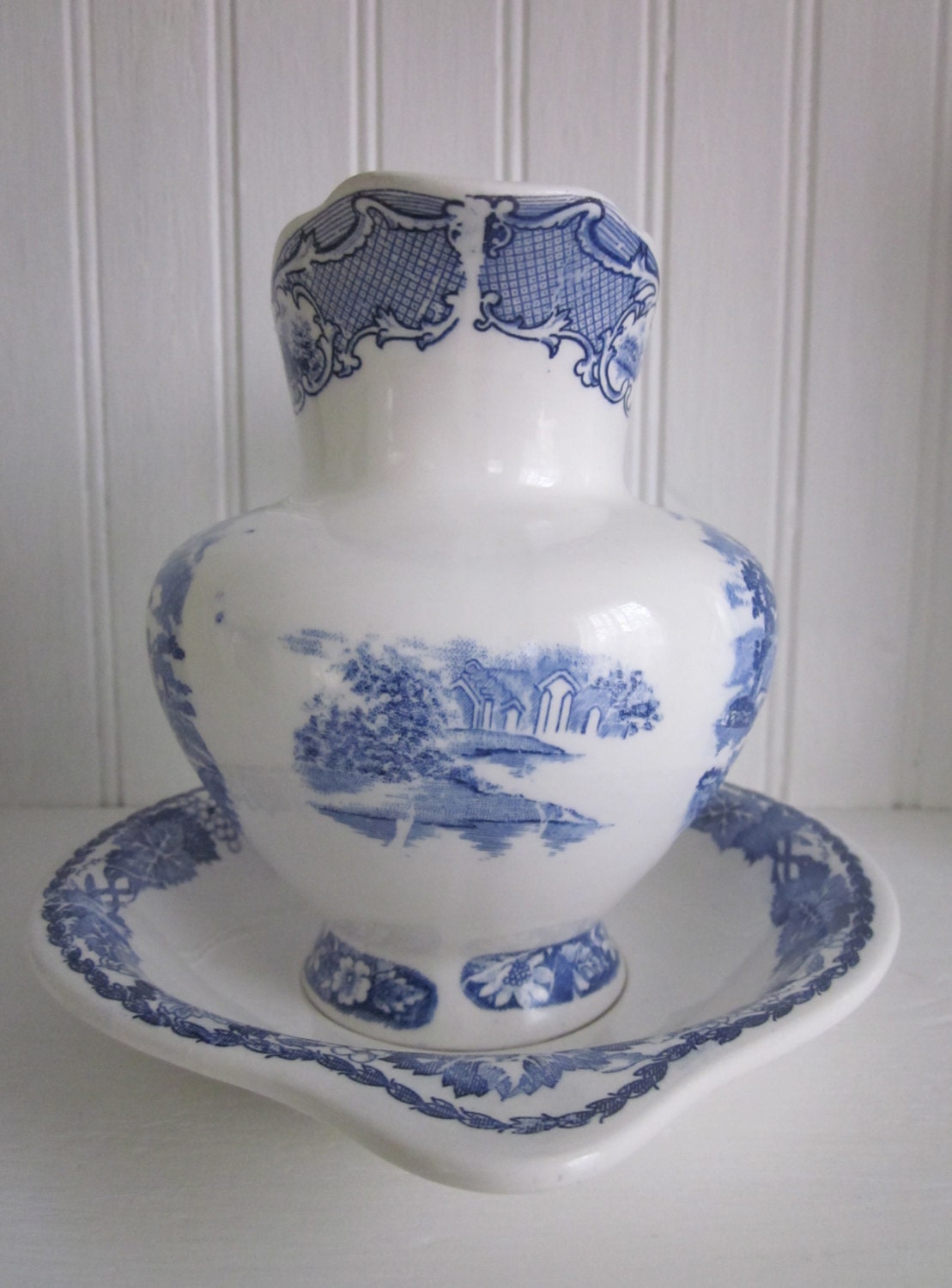 Vintage Blue and White Pitcher and Bowl Set Transferware