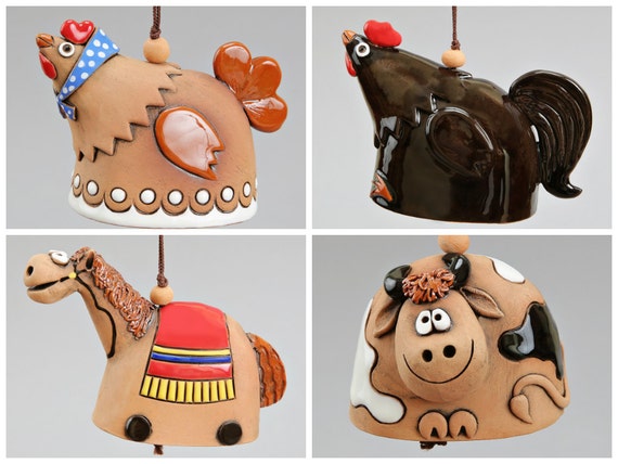 Ceramic Animal Bells : Hen Cock Horse Cow Birthday Gift