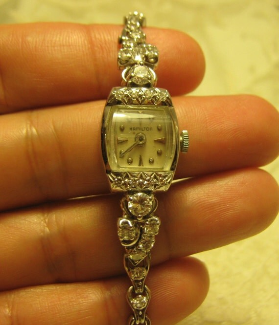 Vintage 14K gold large diamond Hamilton lady watch. 17.9