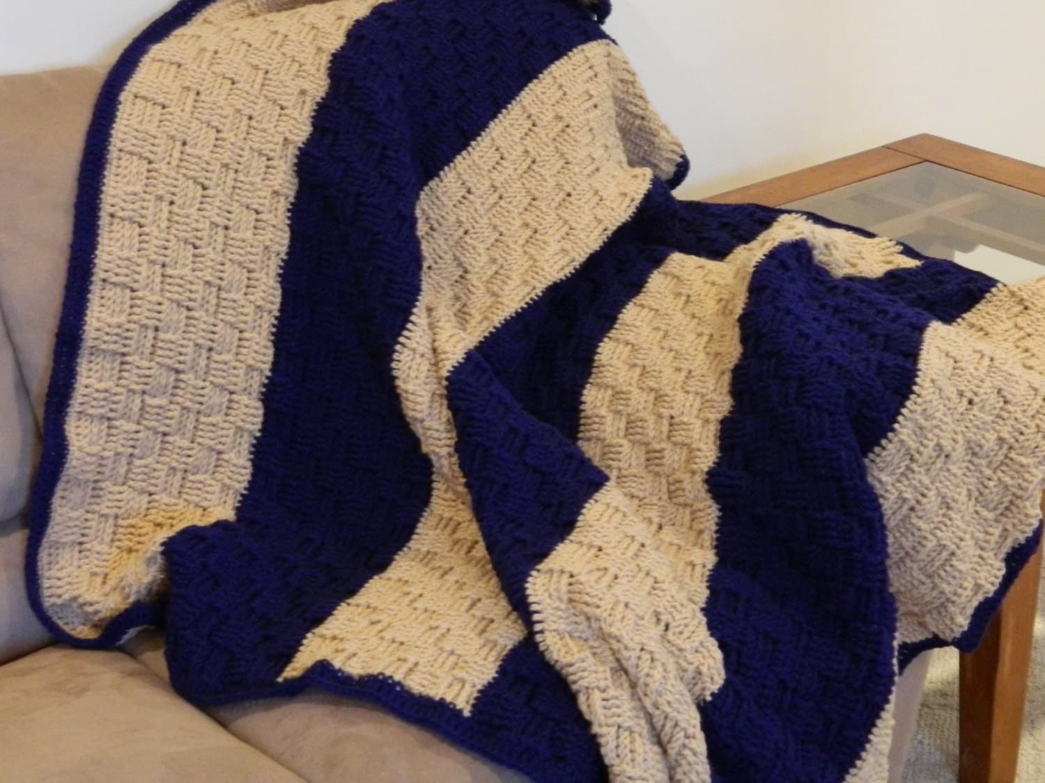 Blanket Crochet Afghan Basket Weave Full Size Blue and