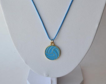 Light Blue Volleyball necklace with gold plated light blue enamel volleyball charm on nylon cord