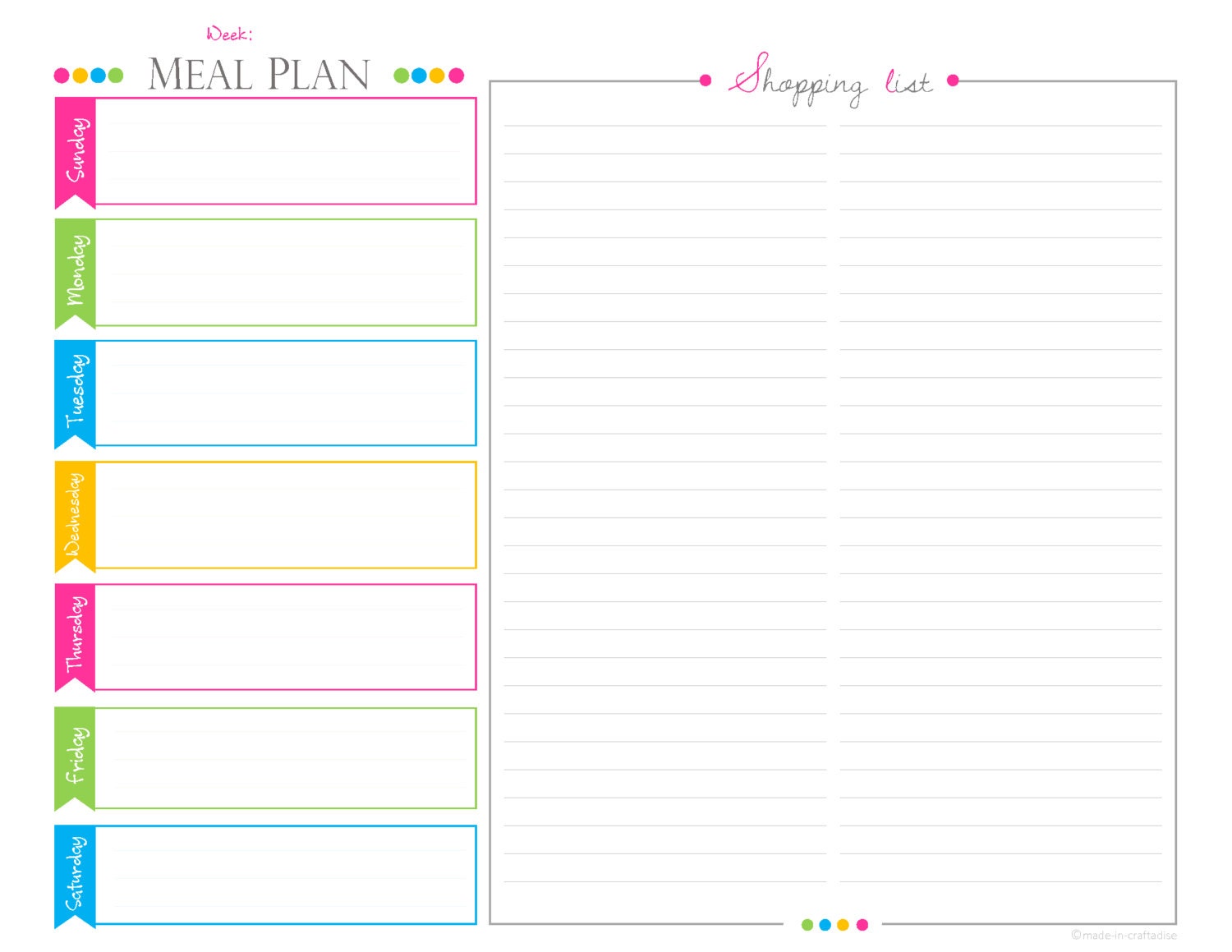 weekly meal planningshopping list pdf planner landscape
