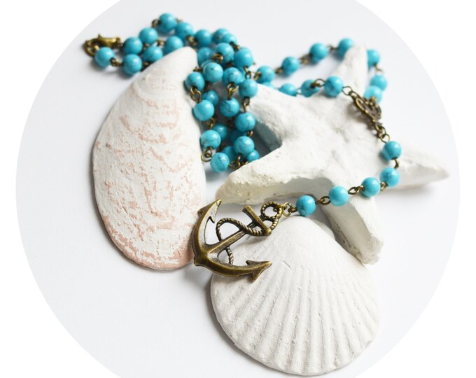 SEA BREEZE Necklace made of brass with natural stone from turquoise and with suspension Anchor, Blue, Pastel,Sea and Ocean, Nature, shell