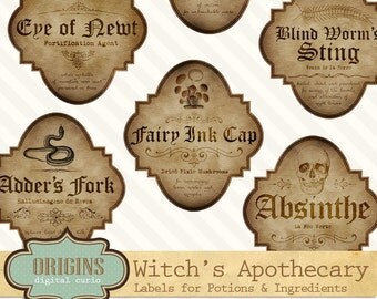 Witch Apothecary Labels, Magick Potion Ingredient Labels, Halloween Labels, Printable Digital Collage Sheets