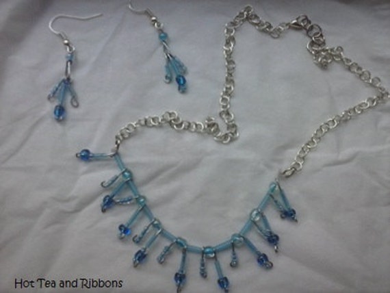 Blue Beaded Glass Necklace and Matching Earrings