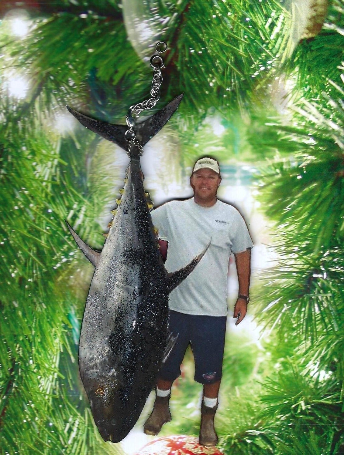 Fisherman Christmas ornament that really sparkles on your tree and can be personalized.