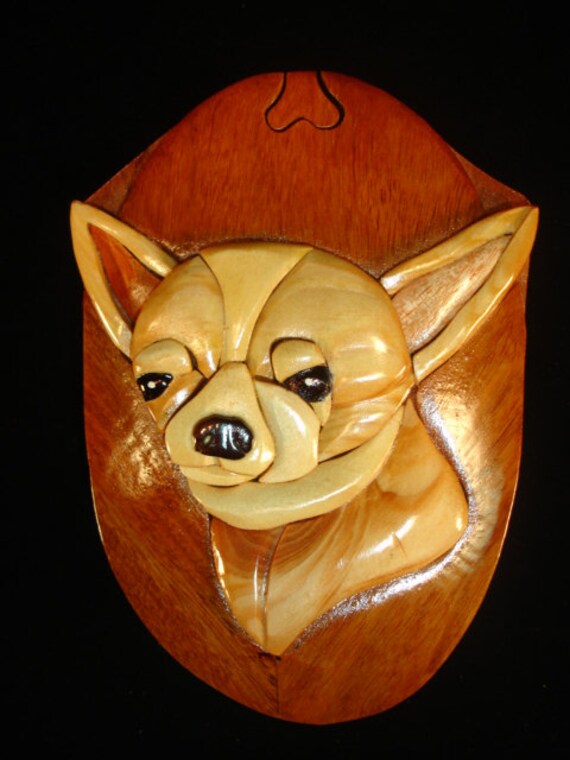 Hand Carved Wood Art Intarsia CHIHUAHUA Dog Puzzle Jewelry Trinket 