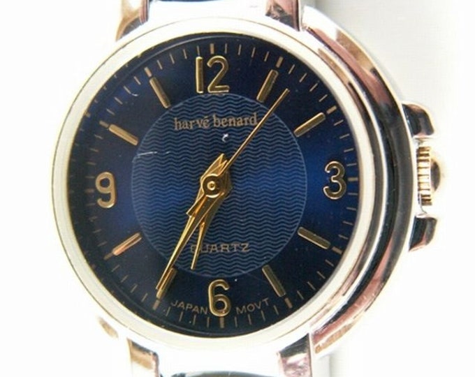 Storewide 25% Off SALE Vintage Ladies Designer Signed Harve Bernard Silver Tone Quartz Watch Featuring Rich Blue Face With Segmented Bracele