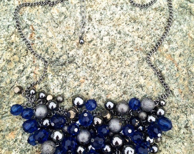 Storewide 25% Off SALE Vintage Massive Chunky Clustered Blue & Silver Toned Beaded Cocktail Necklace Perfect For Those Who Demand Statement