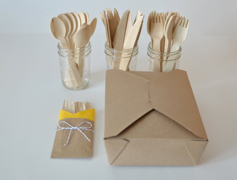 Kraft Picnic Box 6 Piece Kit // Disposable Wooden Cutlery