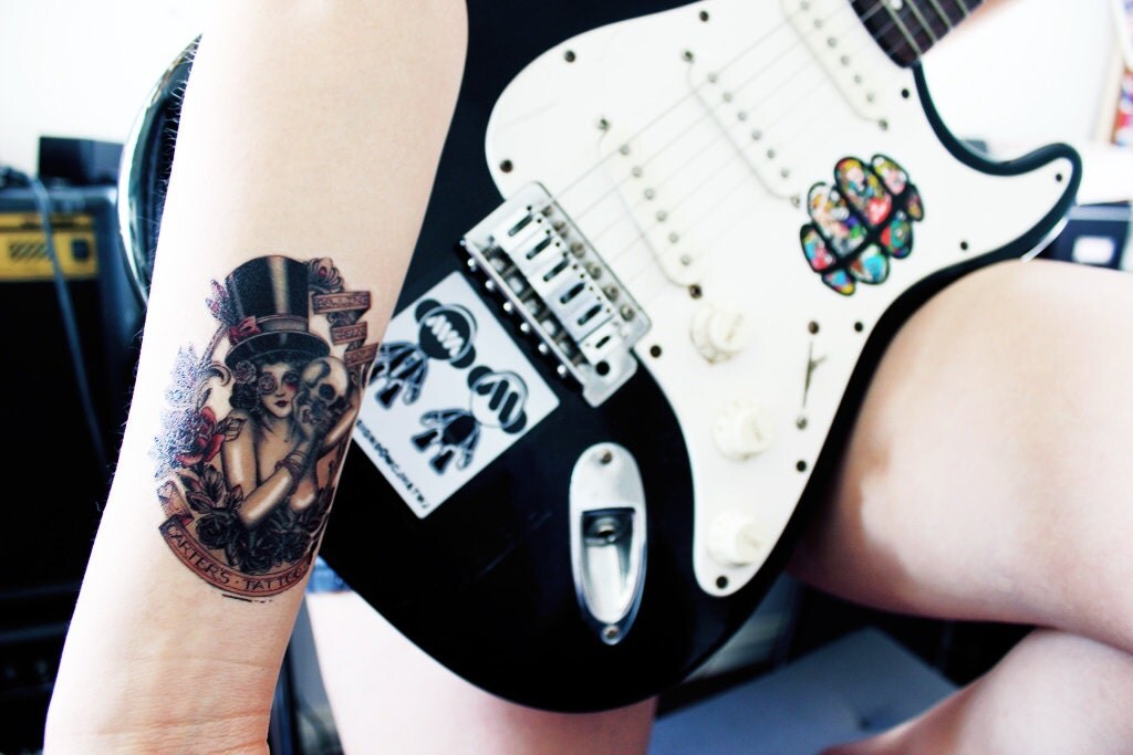 Top Hat Girl + Shimmer Skull Waterproof Temporary Tattoo Transfer (Original Hand Painted Art Design) steampunk buy now online