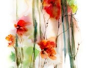 Art Print from Original Watercolor Painting, Abstract Flowers, Red Green, Abstract Wall Art