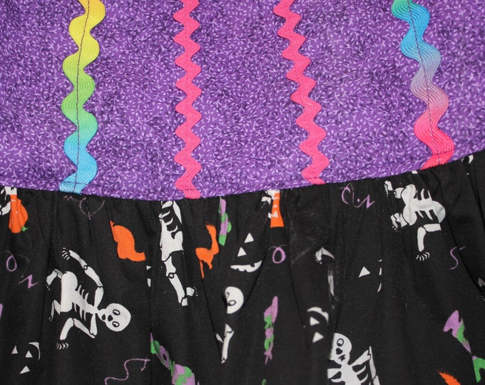HALF PRICE ** Halloween Colorful Size 4 Dress for Halloween Purple Bodice with Skeleton and Black Prints Skirt