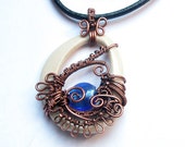 Bone pendant made with oxidized copper wire on genuine leather cord-FREE SHIPPING with coupon code - FreeshipJuly